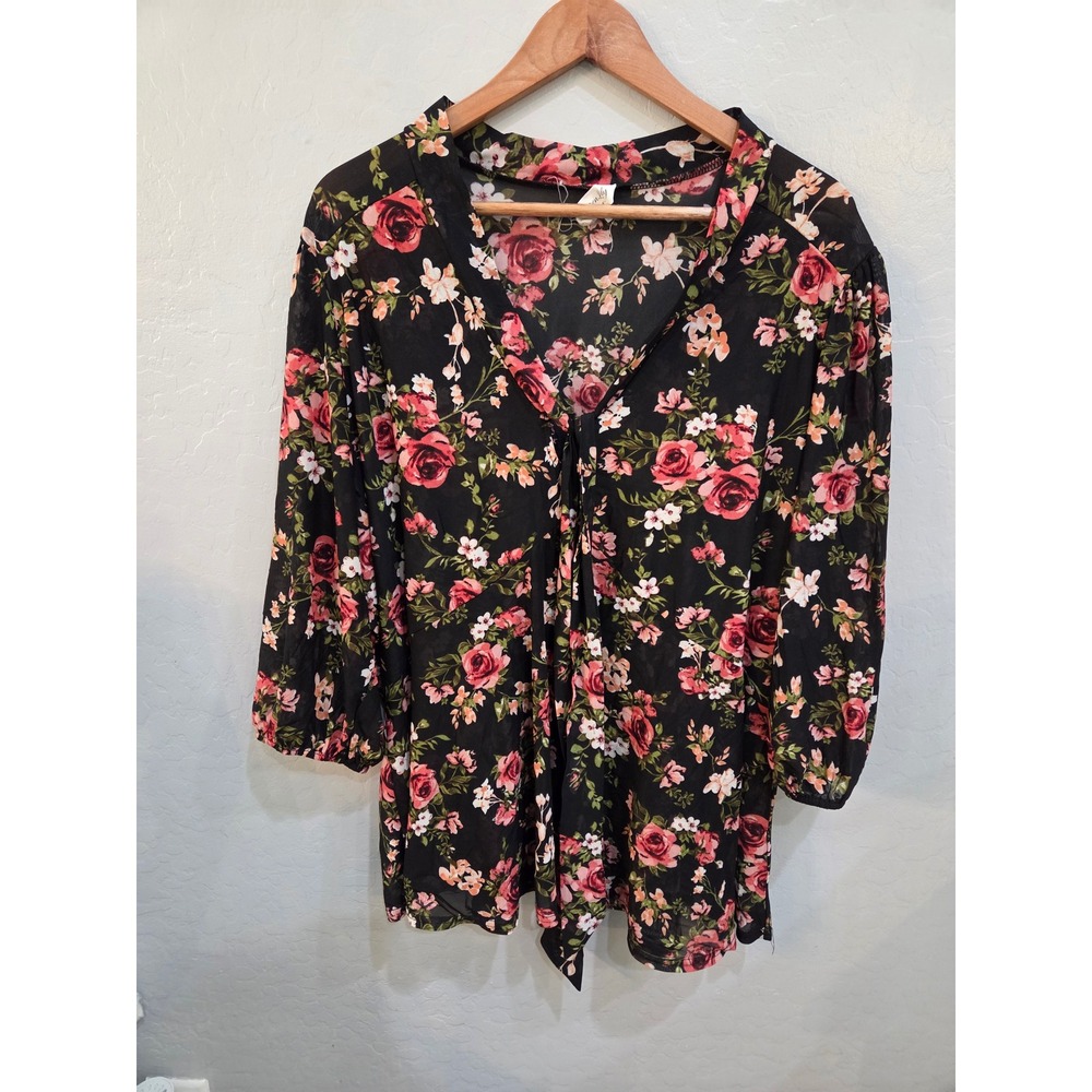 Siren Lily Womens 3XL Floral Mesh Tie Front Blouse Black Pink Rose Sheer Top Flo